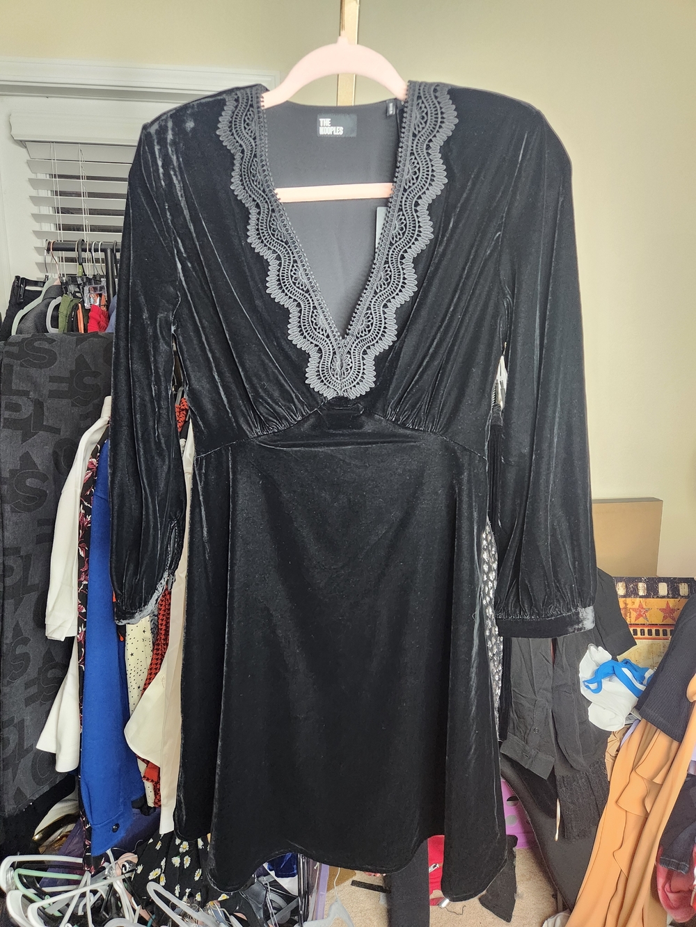 The Kooples Black Velvet Long Sleeve Dress with Lace Trim